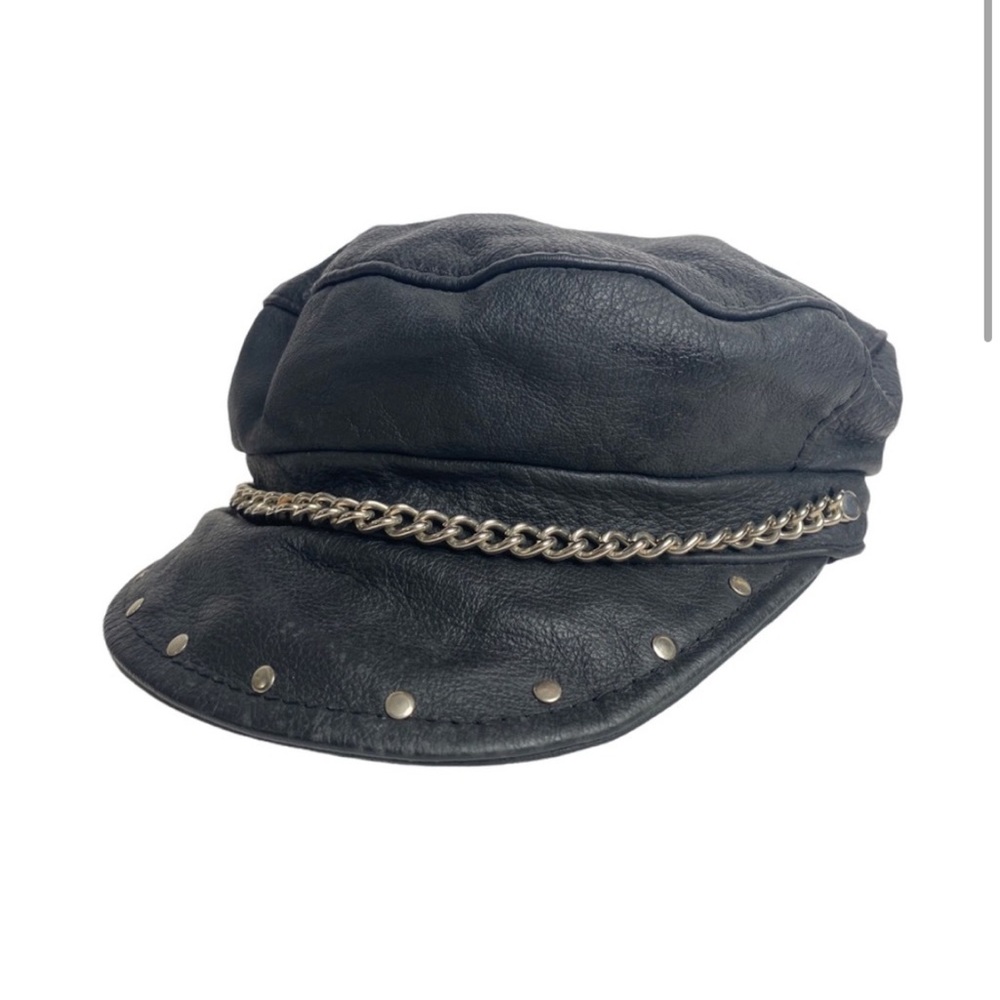 Vintage 90s Leather Biker Cap Silver Chain Adjustable OSFM Studs Black Made USA